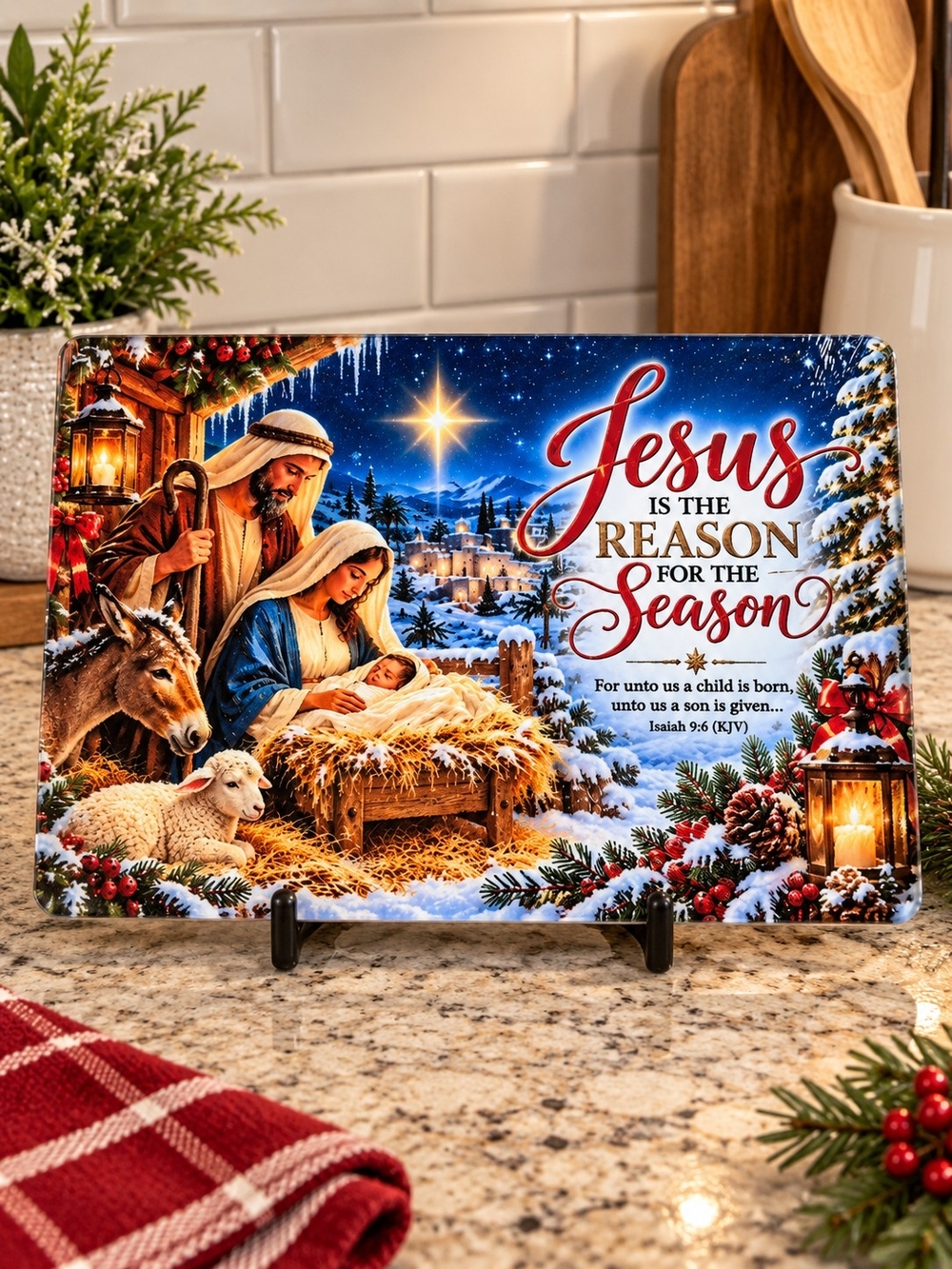 Handcraftdd Holiday Nativity "Jesus is the Reason" Glass Cutting Board - NWT